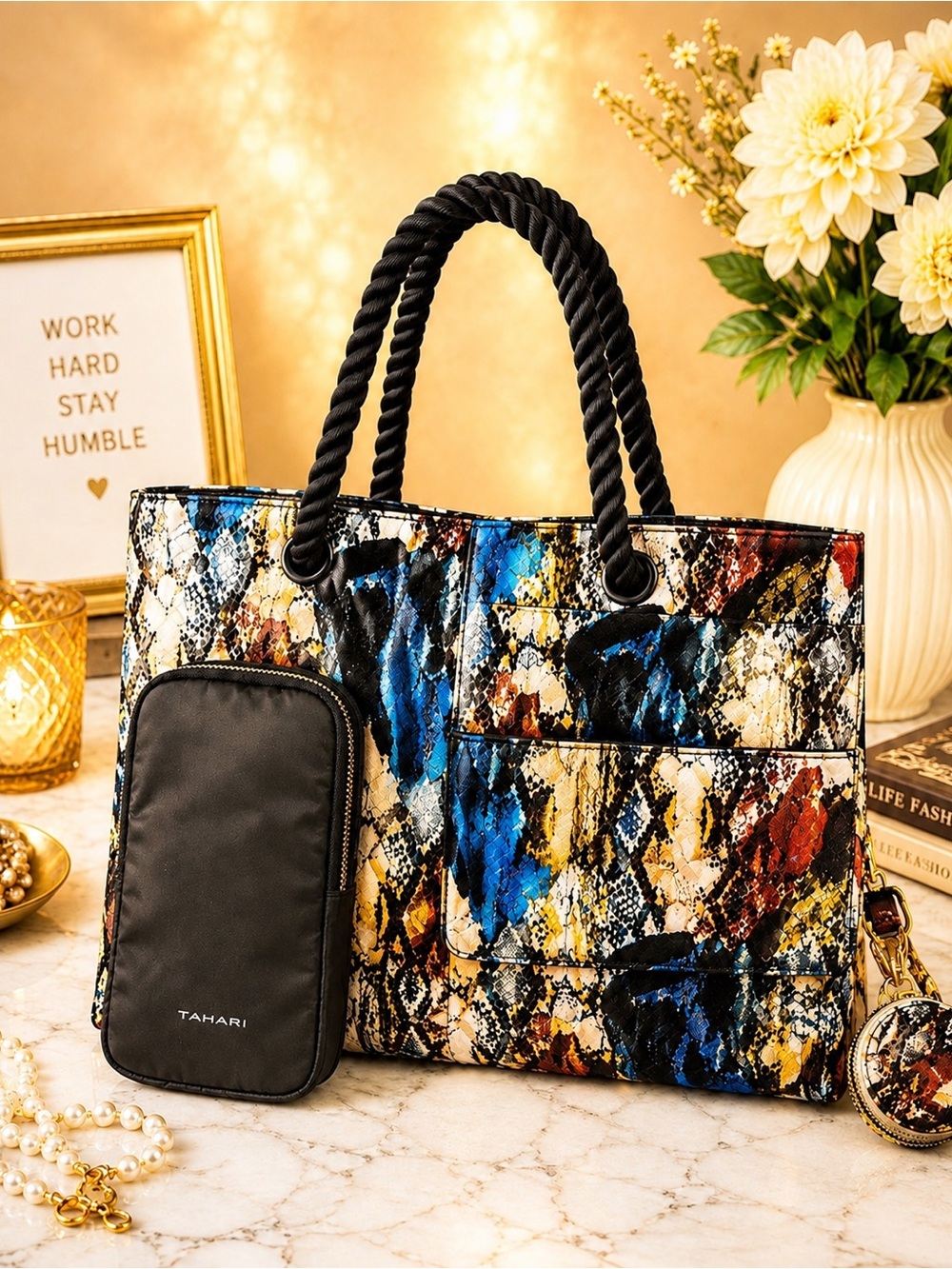 Tahari Multi-Color Snake Print Tote with Coin Pouch